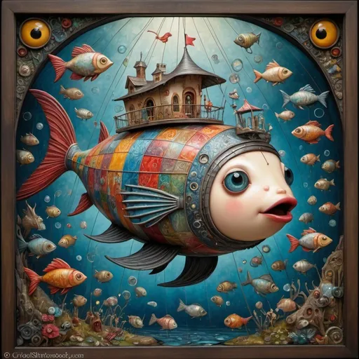 Prompt: cinematic, 32k, abstract expressionism, splatter oil, encaustic ,impasto, by Craola, Nicoletta Ceccoli, Michael Cheval, Tomek Setowski, Jeremiah Ketner, Todd Lockwood, storybook illustration, detailed patchwork, cute tiny flying fish blimp, patchwork, stained glass, mosaic, extremely big sharp glowing eyes,  fairytale, storybook, mystical, highly detailed unusual highly detailed, intricated, intricated pose, masterpiece, high quality, vibrant colors, complex patterns