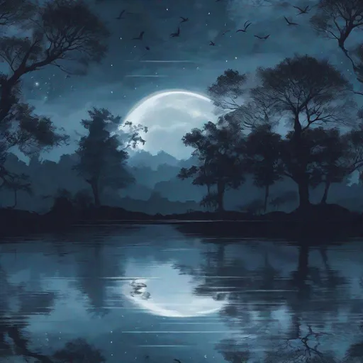 Prompt: Create a breathtaking wallpaper featuring a serene midnight landscape, where moonlight dances on a tranquil lake surrounded by ancient trees, casting reflections that weave a tale of tranquility and mystery.