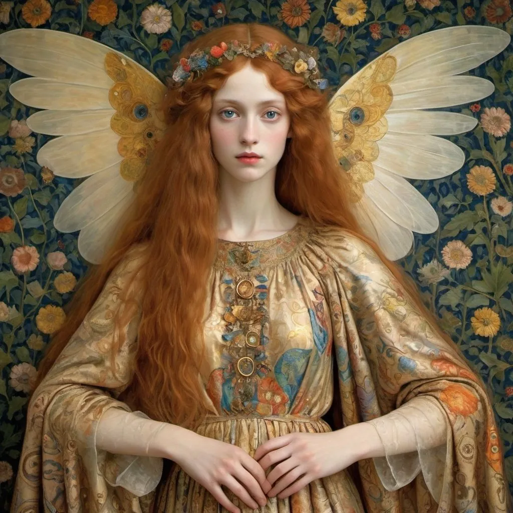 Prompt: textile, made up, imaginary, light primordial fear, cloak, wings, svelte, slender, ethereal , translucent, multi toned, ancient, hint of a smile, triumphant, Jacobean, pristine, emphasize colour and contrast, divine, pretty, pre-Raphaelite, Klimt,