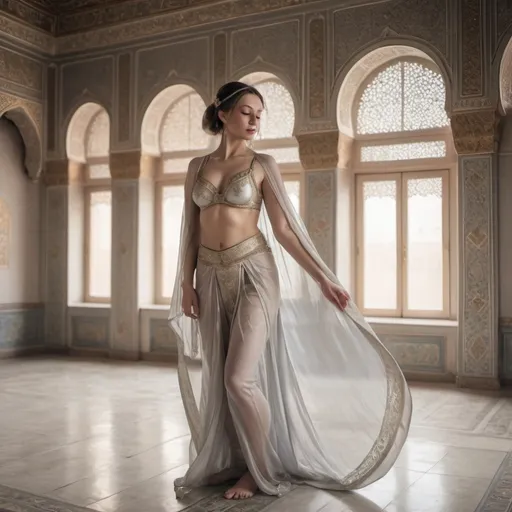 Prompt: a large hall of the palace, interior details are described, a realistic photo in gentle pastel colors, gray and white tones, a close-up of a gentle dancing concubine in a harem is depicted, the girl is dressed in a gentle light airy transparent peignoir with a large neckline, a transparent cape revealing her belly and lovely legs, the sultan watches the girl dance