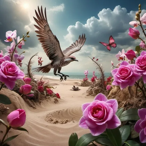 Prompt: fantastic incredibly beautiful animals, time, surrounded by people, macro, roses, orchids, flower garden, sand, focus, high detail, art, fantastic, sci-fi, hdr+, feathers, clouds, high detail, panoramic view, picture, high hyper sensitivity, art, hdr+, Victor Myalkovsky style, scifi