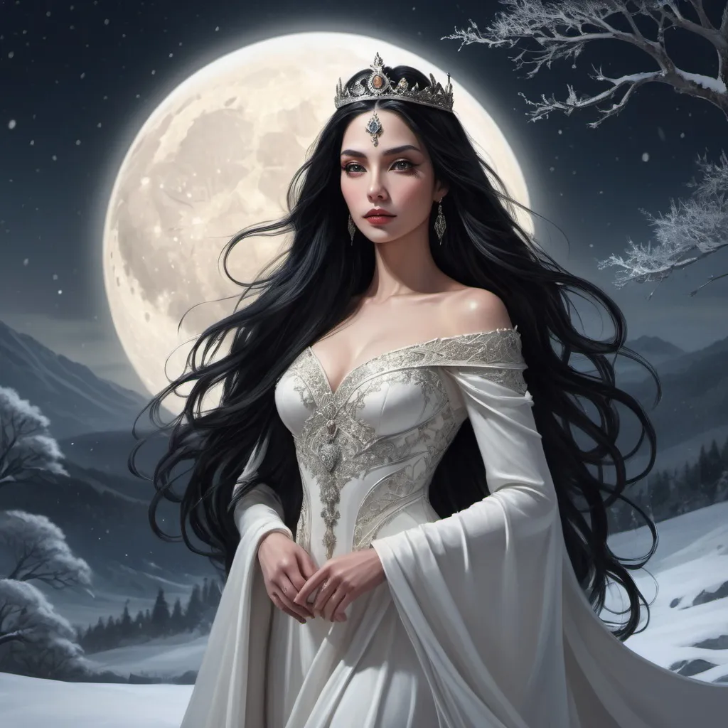 Prompt: Fantasy illustration of a beautiful queen, long and sleek black hair, striking almond-shaped black eyes, flowing white dress, snowy moonlit landscape, highres, detailed, fantasy, majestic, moonlit, long hair, elegant dress, snowy landscape, detailed eyes, regal, atmospheric lighting