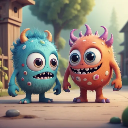 Prompt: a couple of monsters standing next to each other, behance contest winner, youtube video screenshot, whimsical and cute, kid, google design, 2010s, wide eyes, style of michael schwan, f4, paul robertson, connectedness, f 4, protect , illustration, cartoon11