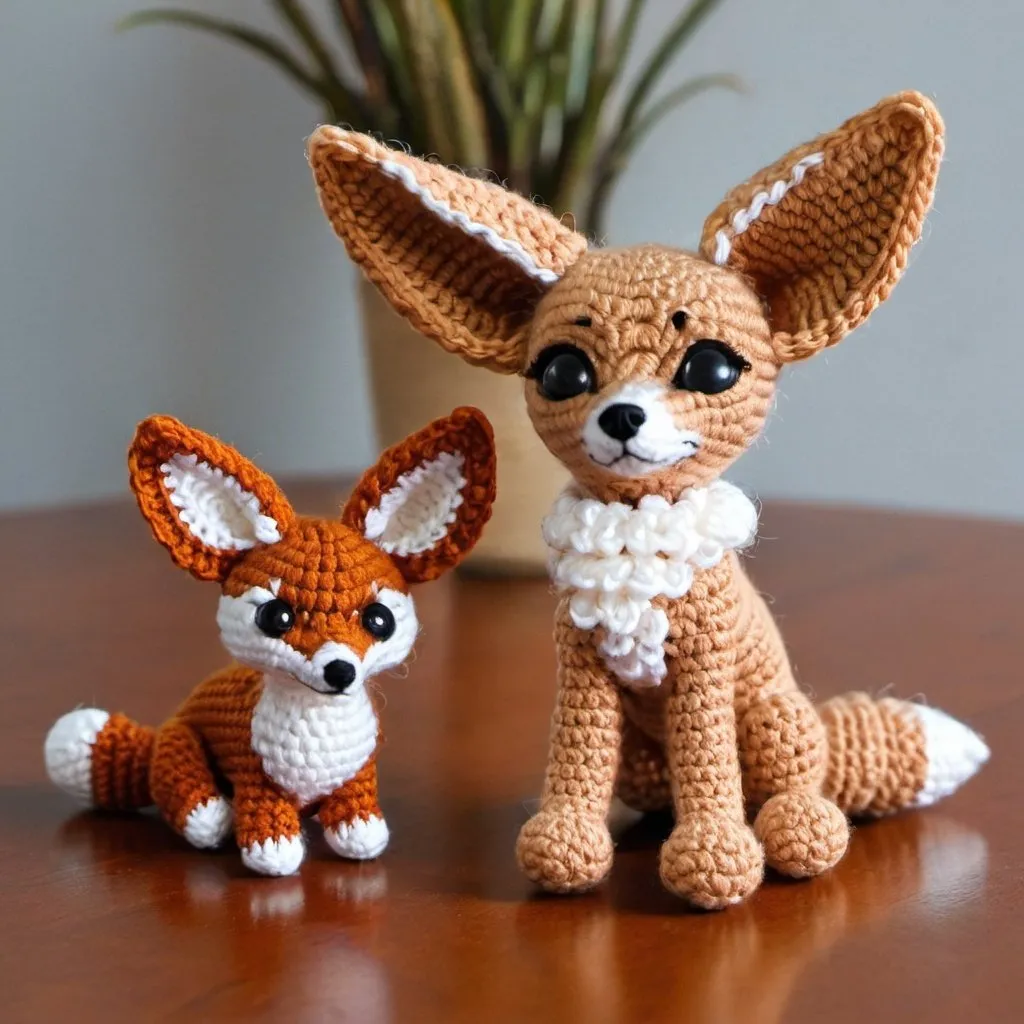 Prompt: A little crocheted fennec fox sitting on a table next to a little crocheted dog