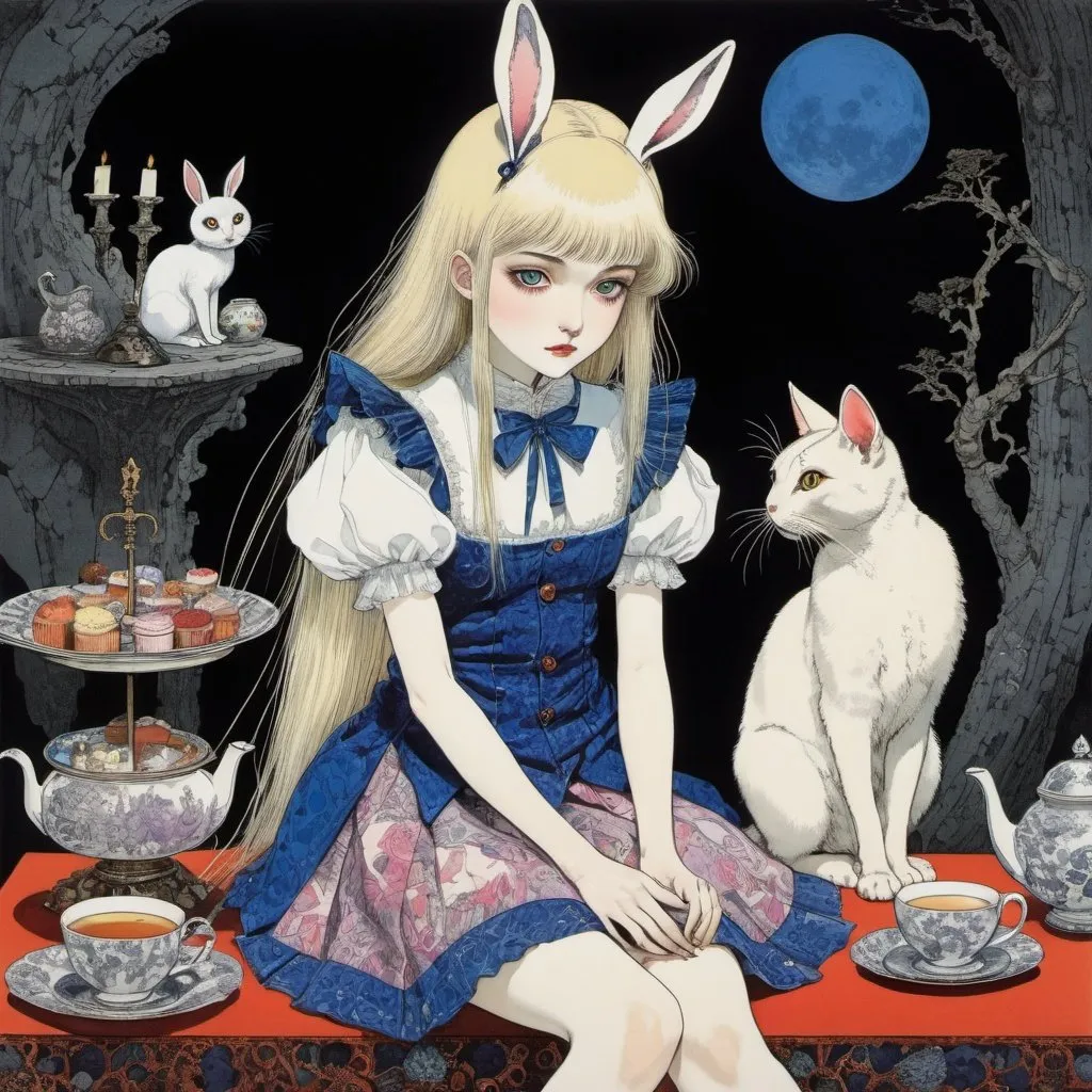 Prompt: Harry Clarke, Eri mizuno, Surreal, mysterious, strange, fantastical, fantasy, Sci-fi, Japanese anime, 11pm tea party, Twilight blonde miniskirt beautiful girl Alice, perfect voluminous body, rabbit and cat, detailed Masterpiece 