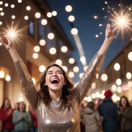 Prompt: "Joyous Elevation Woman Celebrating Her Triumphant Moment", jubilant expression, raised arms, Nikon Z9, sparkling festive lighting, photorealistic capture of pure elation.