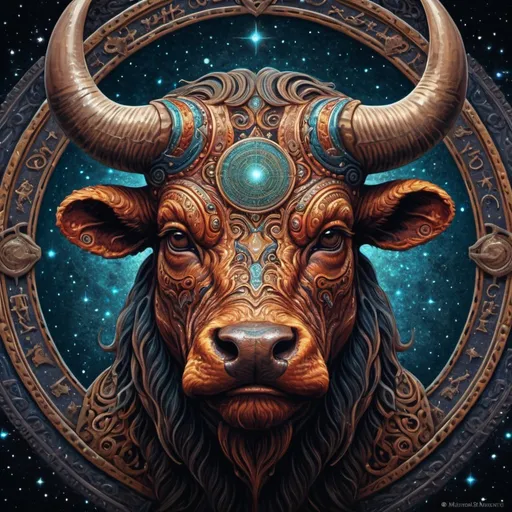 Prompt: 
close-up portrait,  symmetrical,  bull's head,  detailed portrait,  taurus,  minotaur,  trippy,  high detailed,  creepy bull god,  hindu,  hyperdetailed,  psychedelic,  centered,  symmetry,  painted,  intricate,  volumetric lighting,  beautiful,  rich deep colors masterpiece,  sharp focus,  ultra detailed,  in the style of dan mumford and marc simonetti,  astrophotography,  zodiac,  astrology,  stars on background,
