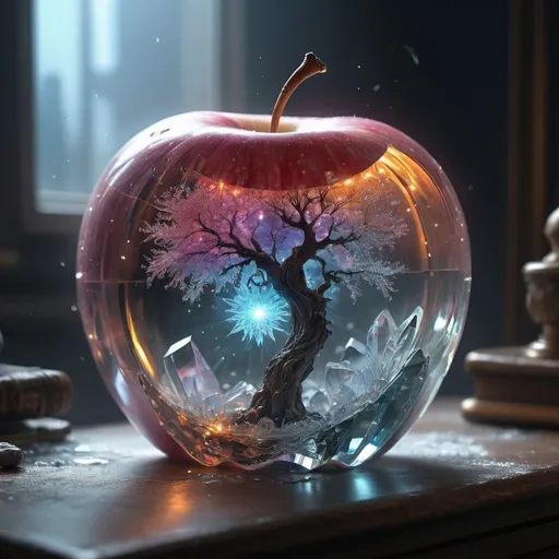 Prompt: A mesmerizing crystal in the shape of a vibrant apple emerges from a frozen tree, creating a surreal and fantastical scene. The crystal sparkles with intricate details, reflecting a myriad of colors. This unexpected and magical sight transports you to a dreamlike realm. The photograph exudes a dreamy, lo-fi aesthetic, giving it a vintage charm. The composition captures every fine detail of the crystal, adding to its enchanting allure., Broken Glass effect, no background, stunning, something that even doesn't exist, mythical being, energy, molecular, textures, iridescent and luminescent scales, breathtaking beauty, pure perfection, divine presence, unforgettable, impressive, breathtaking beauty, Volumetric light, auras, rays, vivid colors reflects, sharp focus, emitting diodes, smoke, artillery, sparks, racks, system unit, motherboard, by pascal blanche rutkowski repin artstation hyperrealism painting concept art of detailed character design matte painting, 4 k resolution blade runner