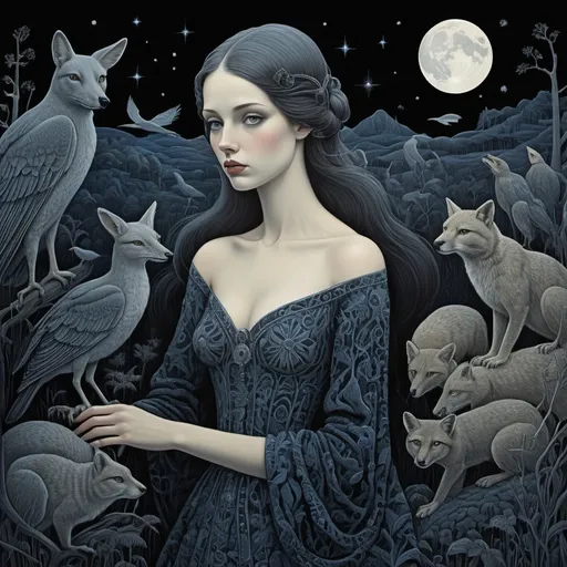 Prompt: She is a night girl with night animals style of Nicholas Hughes, Genevieve Godbout, Morris Hirshfield, Robert Gillmor, Amy Giacomelli. Extremely detailed, intricate, beautiful, 3d, high definition 