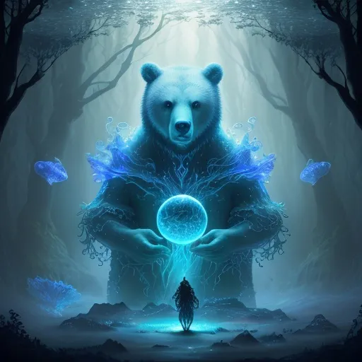 Prompt: This ultra-realistic, high-definition, expertly-cinematographed, computer-generated image features a detailed bear standing in an enchanted forest filled with mystical creatures. The telepathic riders, dressed in ethereal garments, silently communicate as pulsing orbs fill the sky and swirling, translucent textures create a surreal and fantastical atmosphere. The atmospheric haze and soft ethereal lighting add to the enchanting mood, while the intricate creature designs, swirling translucent material, and thick liquid create a mesmerizing texture. The image quality is crisp, sharp, and highly-detailed, with vibrant colors and soft, luminescent lighting. This fantastical and otherworldly scene was created using a digital pen to produce a stunning work of computer-generated imagery.  ,UHD,HDR10,16