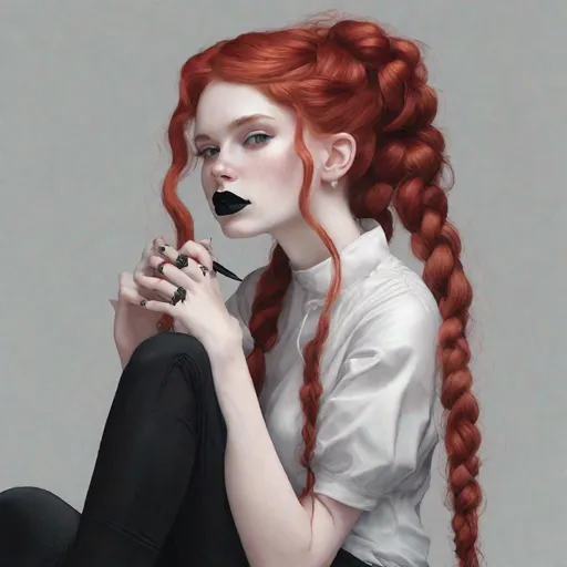 Prompt: E-girl, fully body, red hair, French braid, pale skin, high detail, highly detailed, surrealism, blank background, black fingernails on fingers, black lipstick