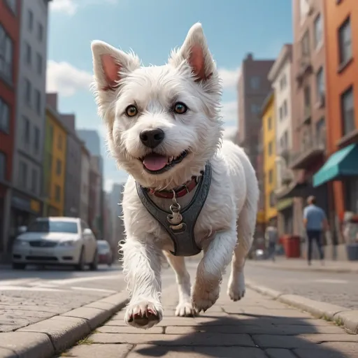Prompt: A cute white dog walking through the city, Cartoon , ultra hd, realistic, vivid colors, highly detailed, UHD drawing, pen and ink, perfect composition, beautiful detailed intricate insanely detailed octane render trending on artstation, 8k artistic photography, photorealistic concept art, soft natural volumetric cinematic perfect light