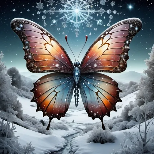 Prompt: By Alexander Jansson and Mark Brooks and Android Jones. A HUGE intricate maximalist frosty transparent crystal snow butterfly METAPHOR OF DANTE’S INFERNO with a complex miniature snowy landscape photographs inside of it representing all four seasons, landscape portals inside of a CRYSTAL snow butterfly!! autumn spring summer landscape surrounded by stars, constellations, nebulae, reflections, magic :: intricate, hyperdetailed, maximalist, masterpiece, breathtaking