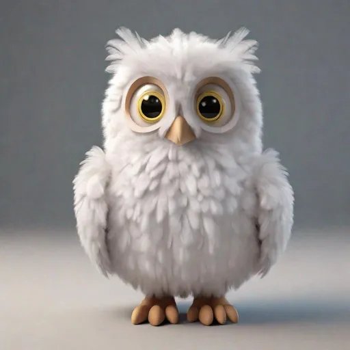 Prompt: Create a cute and fluffy Owl chick with cute eyes, and white feathers looking in front of the camera and smiling in 3D