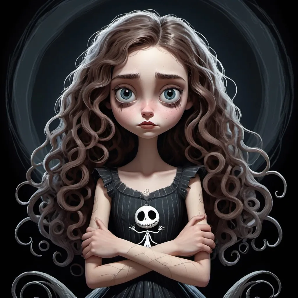 Prompt: Whimsical illustration of a grumpy young girl, arms crossed, long curly hair swirling around her face and hands, Tim Burton's "The Nightmare Before Christmas" aesthetic, exquisite details, digital painting, octane rendering