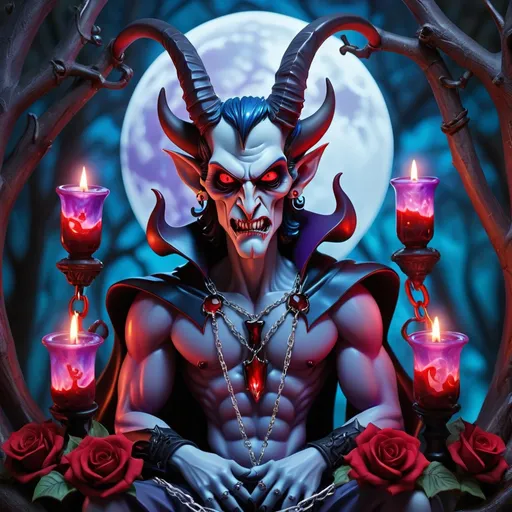 Prompt: ALL GLASSBLOWING VAMPIRE STYLE DOLL MAN devil Big baphomet big horns floating chains persons attached Big ring alcove dc comics style glassblowing trees flowers clouds vampire coffin blood fancy night moon spark of blue light bats red purple blue cream