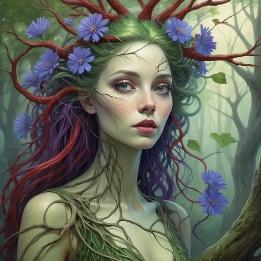 Prompt: anthropomorphic green tree lady, colorful roots grow like veins all over her body with blue and purple flowers, wild red branches grow from her head like a hair, grey eyes concept art by Glen Orbik, Ida Rentoul Outhwaite , tom bagshaw, Millie Marotta, Jackie Morris, Javier Mariscal, Jane Newland, closeup, whimsical forest background , magical night, surreal dreamlike portrait, fantasy, imaginative, beautiful, colorful, extremely detailed, intricate, lovely, award winning fantastic