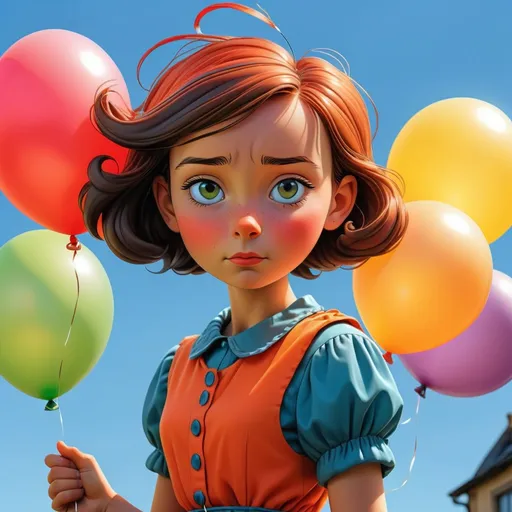 Prompt: detailed, vibrant illustration of a girl holding a balloon, by Herge, in the style of Tin-Tin comics, vibrant colors, detailed, sunny day, attention to detail, 8k