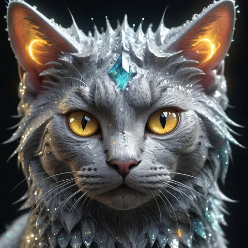 Prompt: Digital work of art, beautiful,cat hybrid, consists of fractals and stone, fairy gnome, lightning, gray and neon, bright, burning eyes, features, hyperdetalization, mysticism, fantasy, mythology, glitter, glitter, professional photo, beautiful, symmetry, 5d, realistic,64k, high resolution, focus on the face, full-length high detail,cgi, hyperrealism, f/16, 1/100s, 4k, aesthetically pleasing, f/2.8, 1/250s, 30mm lens, atmospheric art, close-up,splash of colors