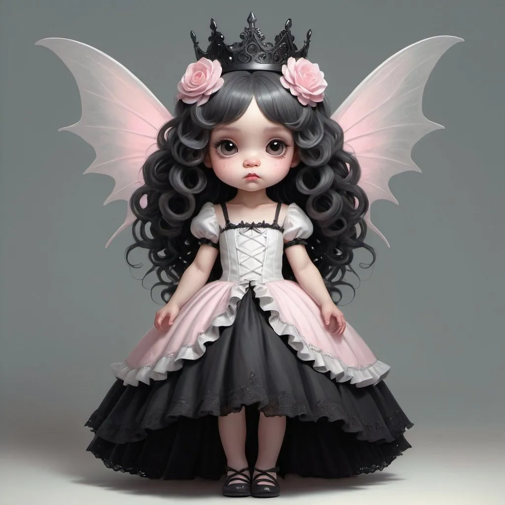 Prompt: Portrait and shot full body of a very cute dark fairy gothic chibi girl in halloween time , wearing a black crown in her head , wearing a white and grey and pink  long dress ,kewpie fairy clothes, white wings ,white background , long curly hair oil paint vray, by stanley artgerm and tom bagshaw