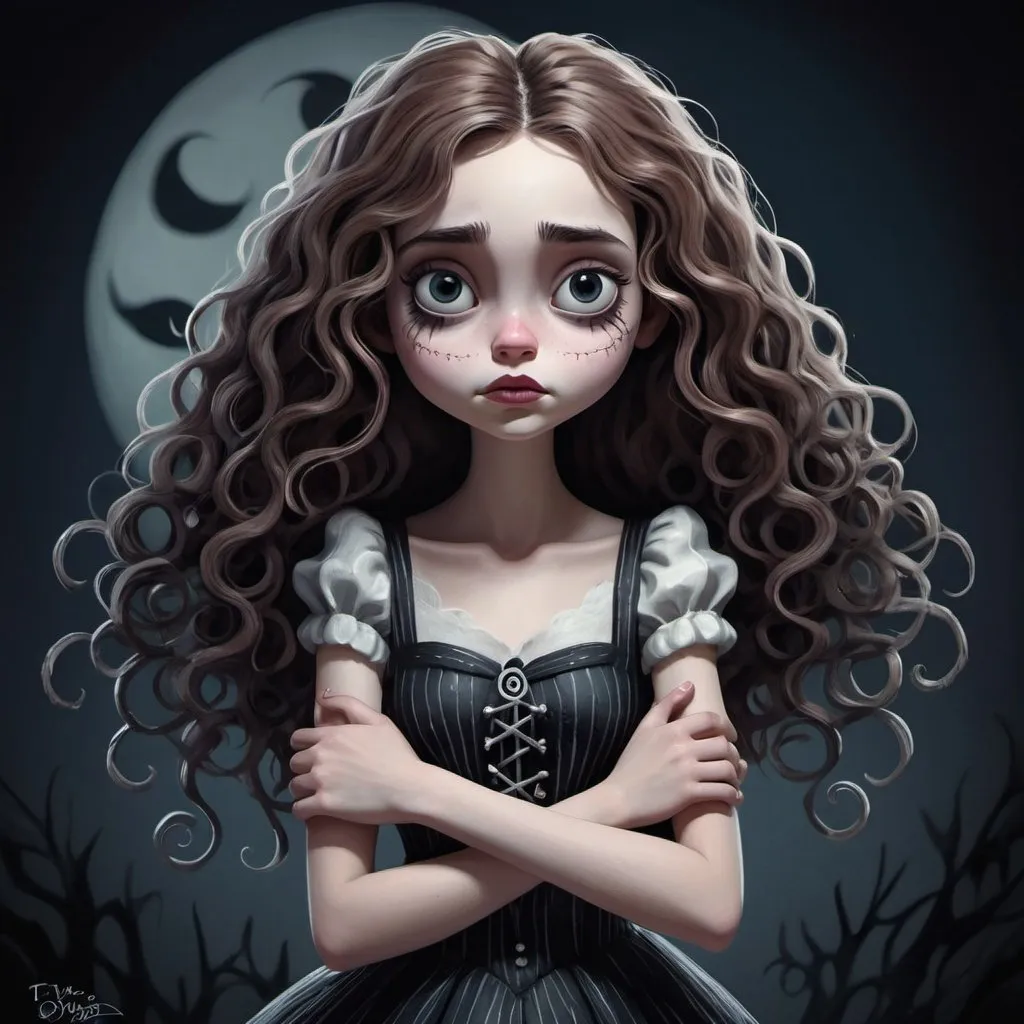 Prompt: Whimsical illustration of a grumpy young girl, arms crossed, long curly hair swirling around her face and hands, Tim Burton's "The Nightmare Before Christmas" aesthetic, exquisite details, digital painting, octane rendering