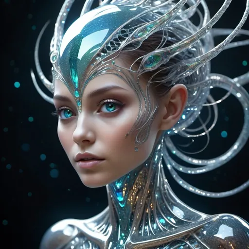 Prompt: a mesmerizing female alien composed of shimmering, crystalline structures. Her body is intricate and gem-like, refracting and reflecting light in a dazzling display. She has faceted, jewel-toned eyes that seem to hold the secrets of the cosmos. Her hair is composed of delicate, intricate tendrils of glistening crystal. Her movements are fluid and precise, like a living sculpture. 