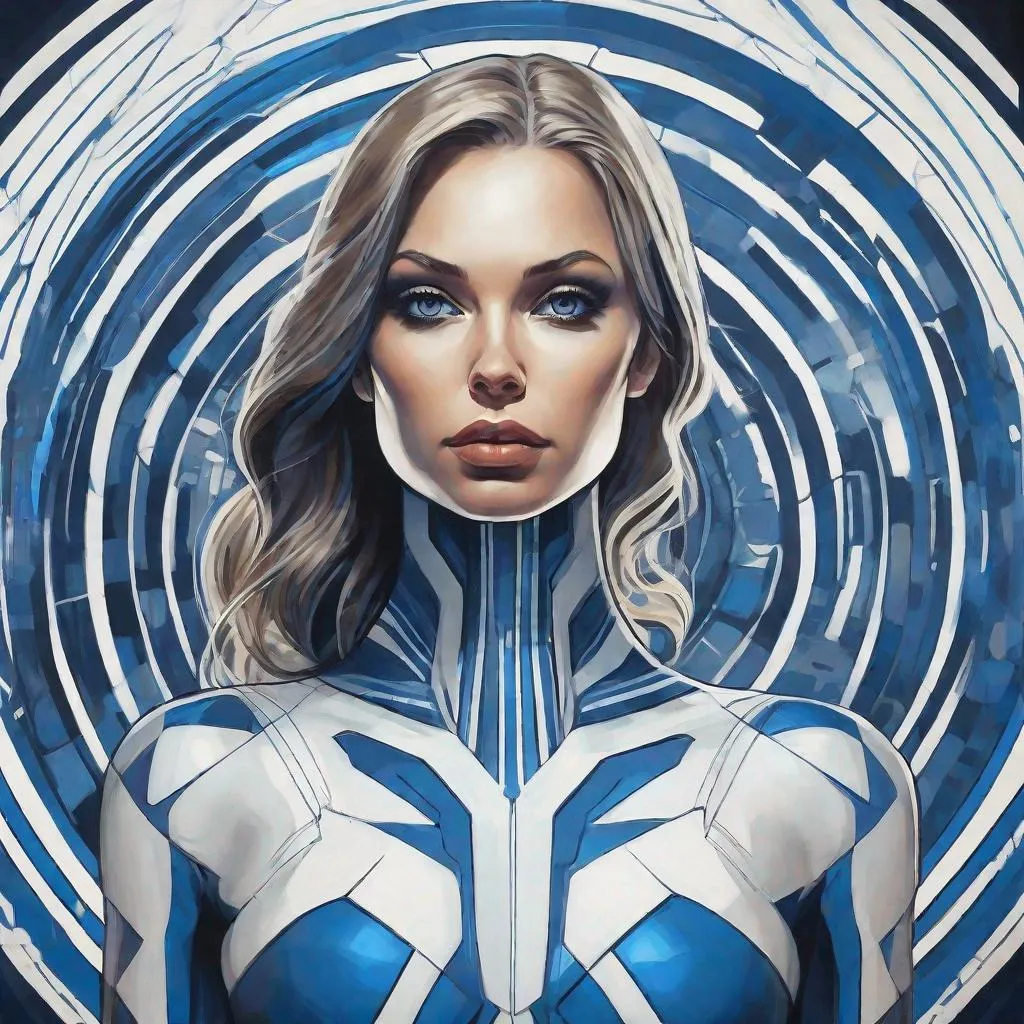 Prompt: an artist painting a futuristic model, in the style of simplified and stylized portraits, superheroes, dark white and dark azure, ekaterina panikanova, hypnotic symmetry, striped, marvel comics