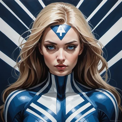 Prompt: an artist painting a futuristic model, in the style of simplified and stylized portraits, superheroes, dark white and dark azure, ekaterina panikanova, hypnotic symmetry, striped, marvel comics