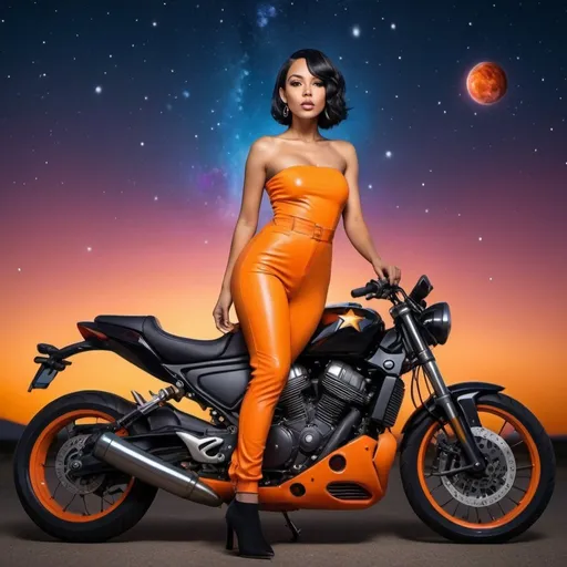 Prompt: full body; beautiful mixed race woman with black bob hairstyle; wearing bright orange sensual strapless fitted jumpsuit; riding sleek black motorbike; bright vibrant colorful cosmic sky with stars and orbs of light in background