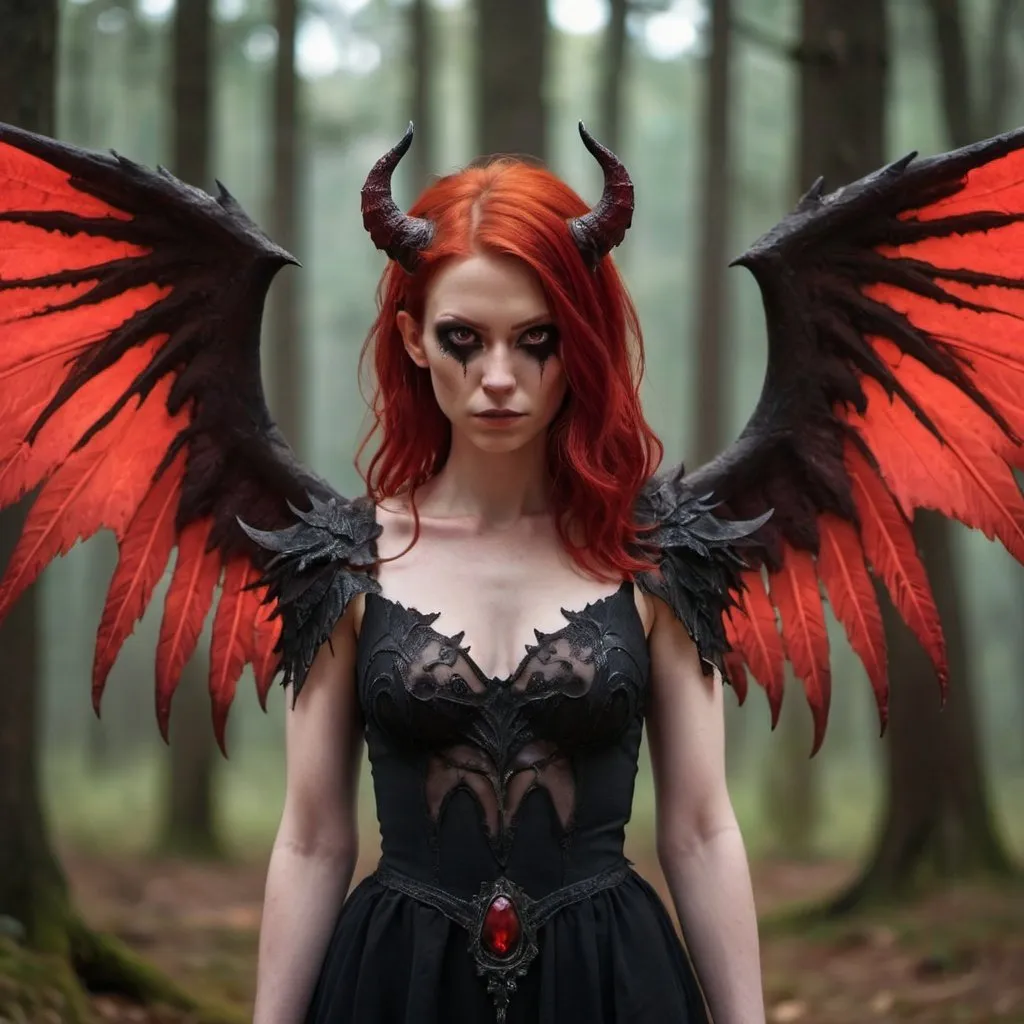 Prompt: female demon with wings and eerie red hair with forest in the background