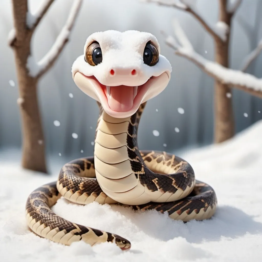 Prompt: cartoon snake, cute animal, cute smile, boho style, small snake in winter, snow