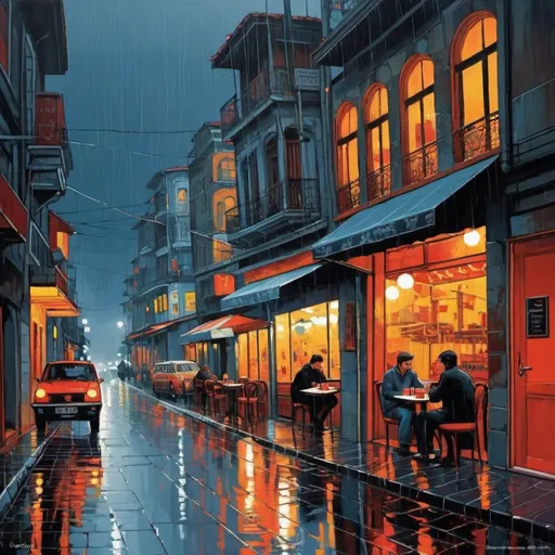 Prompt: the streets of istanbul on a rainy night with cafes in the background painted by hiroshi nagai