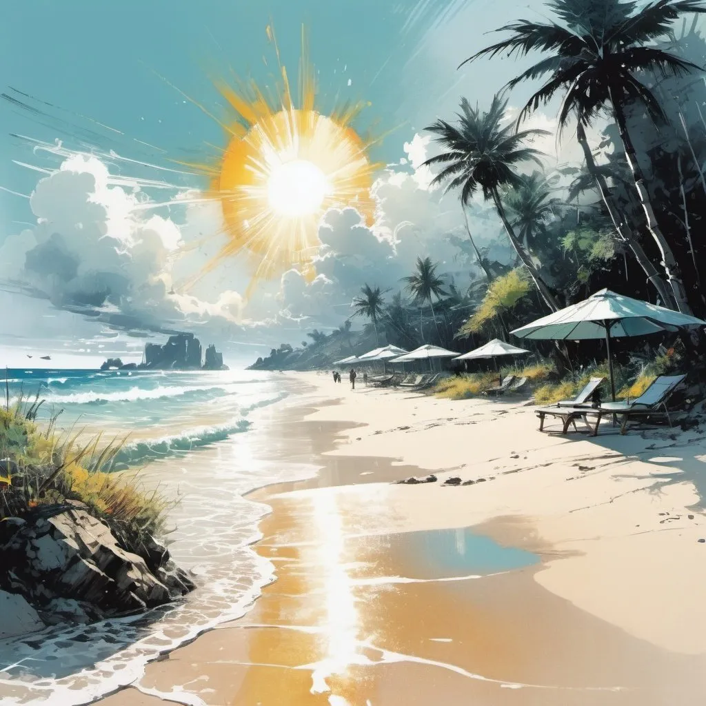 Prompt: A paradisiacal beach with a shining sun. Intricately detailed. Strong brush strokes. Soft tones. Colorful. Fantasy illustration. Splash Art. Yoji Shinkawa. Extreme contrast. Color depth.