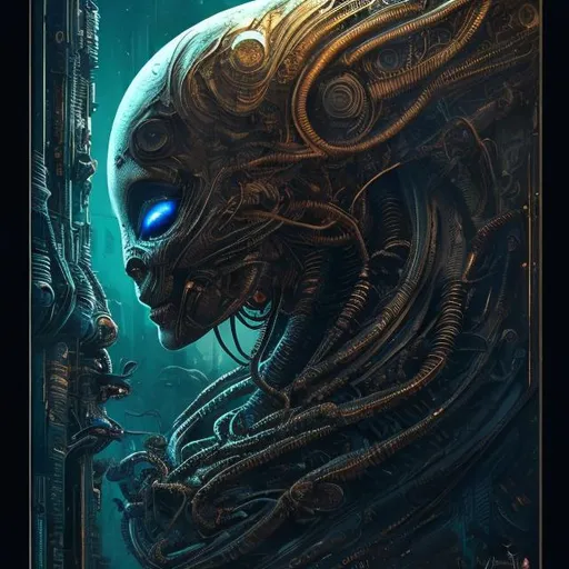 Prompt: cartoon style, beautiful, highly detailed, futuristic alien in a moody view, intricate details with sharp focus, scifi composition in dark colors, emitting diodes and smoke, vibrant colors, in style of jasmine becket-griffith/mark ryt

, sf, intricate artwork masterpiece, ominous, matte painting movie poster, golden ratio, trending on cgsociety, intricate, epic, trending on artstation, by artgerm, h. r. giger and beksinski, highly detailed, vibrant, production cinematic character render, ultra high quality model