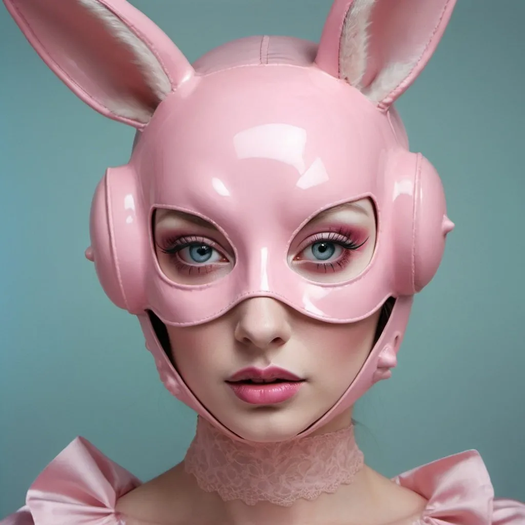 Prompt: close up portrait Photography, of a gorgeous lady, wearing a pink bunny woman mask, 80 degree view, art by Sergio Lopez , Natalie Shau, James Jean and Salvador Dali