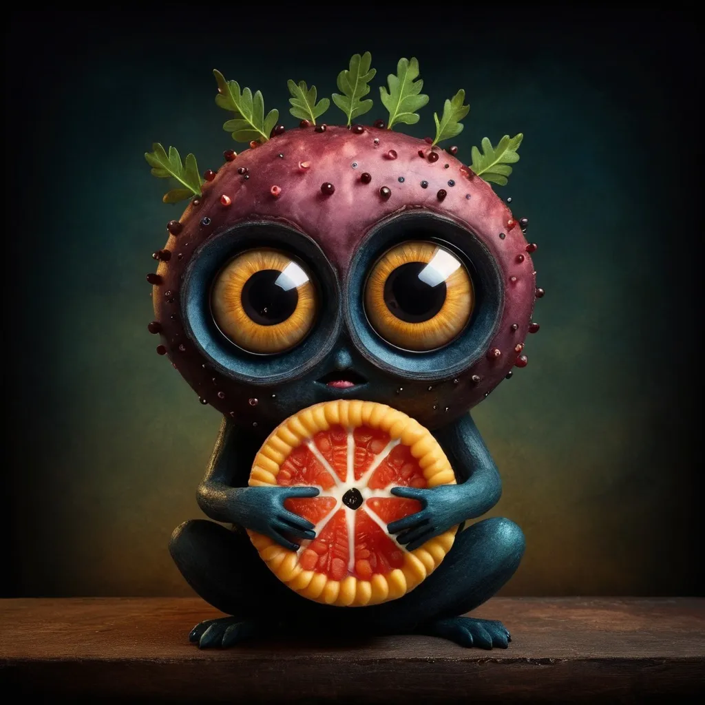 Prompt: A cute character, large eyes, playful food art, dark background, dynamic pose, digital art, Andy kehoe