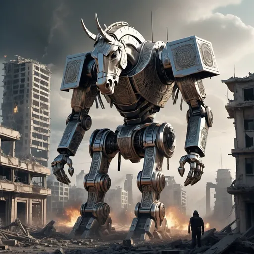 Prompt:  Colossal mech warrior version of the legendary Trojan Horse, gleaming titanium body engraved with Greek motifs, traversing a dystopian AI-inhabited cityscape, causing destruction, ai-operated drones buzzing in disarray, futuristic ruins and rolling fires in the background, dystopian atmosphere, digital art, dynamic angles, cinematic.