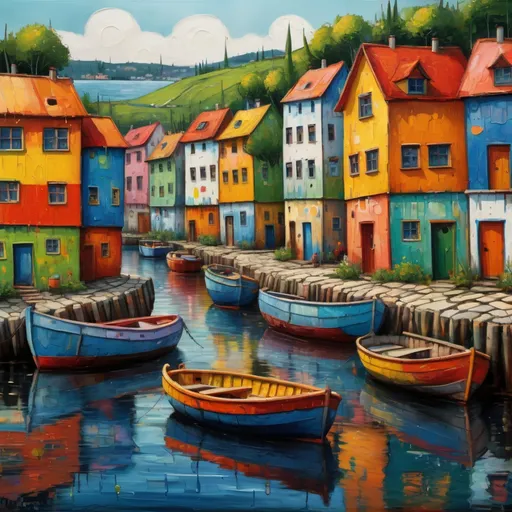Prompt: olpntng style, Art by Friedensreich Hundertwasser, old sea Village with boats and people, cinematic soft diffused light, vivid colors, very detailed, sharp focus, oil painting, heavy strokes, perfect composition, octane render, trending on artstation, 8k., oil painting, heavy strokes, paint dripping