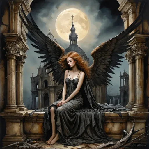 Prompt: Esao Andrews style, fallen angels draped in tattered, ethereal robes amidst a gothic, moonlit ruins, intricate wings charred and feathered, expressions of serene agony, contrast of dark and light, intertwined with baroque architectural elements, digital painting, dramatic lighting, ultra detailed