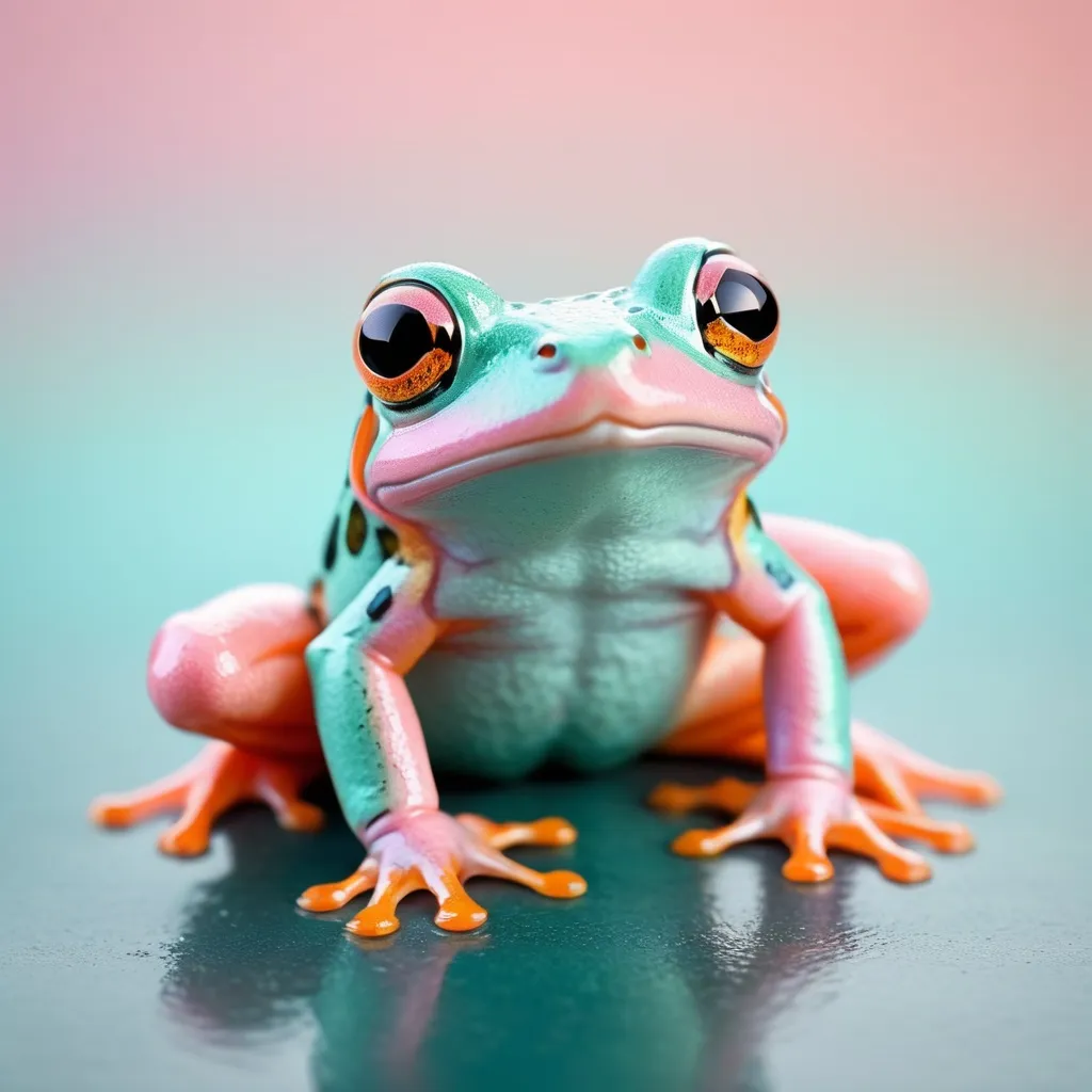 Prompt: Cute little frog in pastel colors of pink, orange and teal