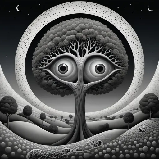 Prompt: Surrealistic Kusama-inspired collage, tree morphing to resemble an eye, monochromatic grey-scale with dotted pattern texture akin to ink lines, casting long shadows under moonlight, set in an Escher-esque landscape, infinite abstract curves creating skewed perspective, digital painting with dramatic lighting, ultra fine detail