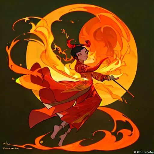 Prompt: Art Noveau by Muccia,  Vietnamese lady, Khon flame dancer,  Art Noveau  muccia illuminated by firey moonlight.