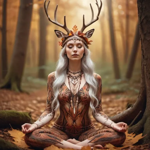 Prompt: A beautifull and pale elve queen with a feather headdress  and little deer horns meditating in the woods. She has patterns on her skin. Full body. Photorealistic. warm colours. psychedelic patterns in the Background. Autumn Vibes. 