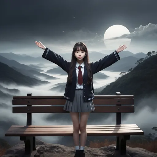 Prompt: a cute korean large-eyed girl, slender and small face, very glossy skin, slight smile, bangs, long wavy hair, raise both arms to the sky, 
fairytale manga style, croquis, dark atmosphere rough texture, chiaroscuro, digital art, surreal hallucinatory, 
school uniform, graphite, still life, fog, utility, mountain, plain, bench, dusk, 
surrealistic and fantastic dreamy landscapes, dynamic pose, beautiful legs, sfumato, surrealism, cinematic, masterpiece, combines fantasy and reality, fairytale elements, smooth, Strong and contrasting colors, vivid colors, rich colors, combination of various colors and shades, highly details, best Quality, Tyndall effect, good composition, free composition, spatial effects, lively and deep art, warm soft light, three-dimensional lighting, volume lighting, back lighting hair, Film light, dynamic lighting