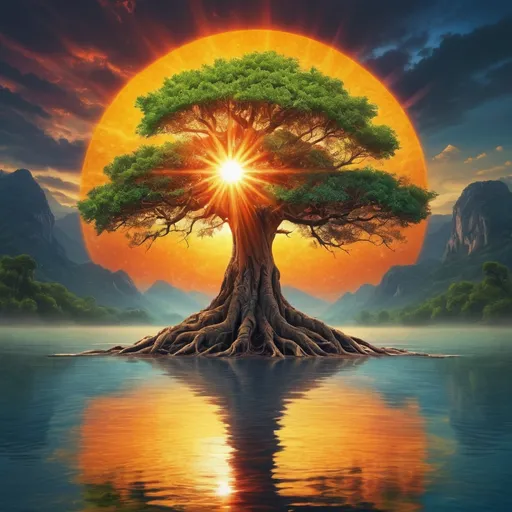 Prompt: A tree stands in the middle of the water, one sun hangs on the top of the tree, and nine suns are under the branches, taking turns taking showers, Fantastic, colourful, beautiful, Fantastic, realist style, artistic, and colorful, it is a masterpiece, high-definition, and of high quality