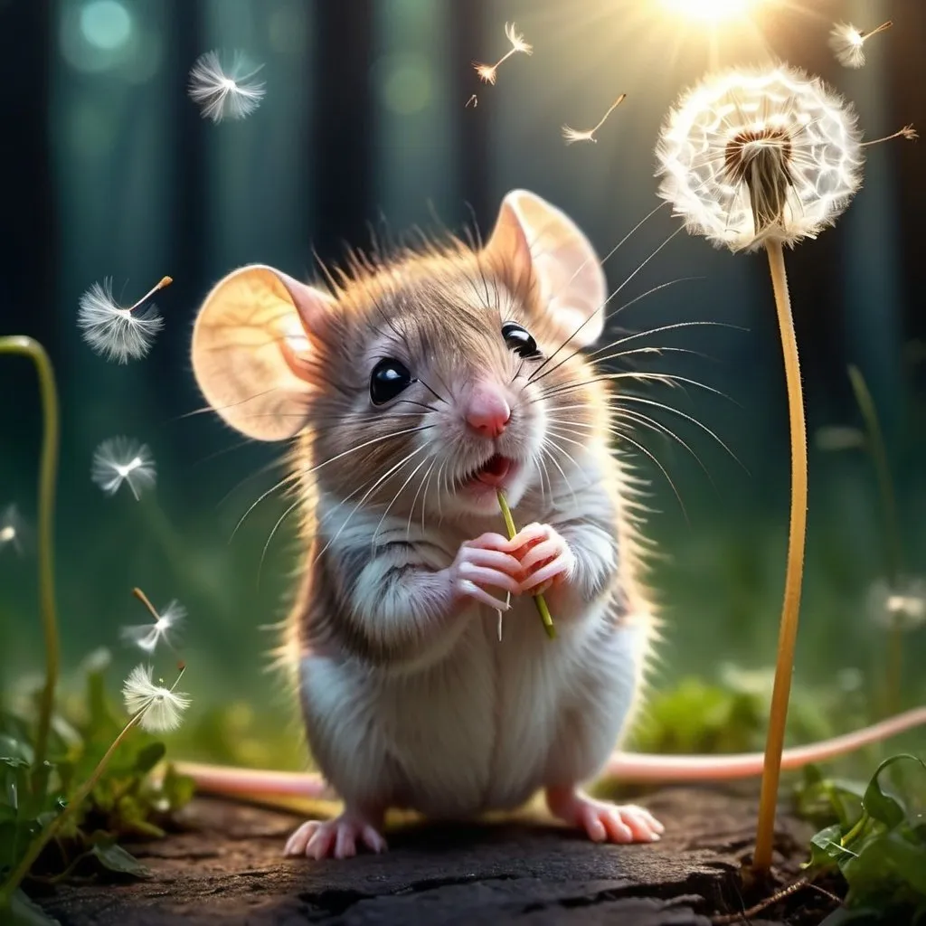 Prompt: a very cute baby mouse is playing with a fluffy dandelion, blowing and watching the fluff leave,
 the forest, the flowers, fireflies around, 
 the radius of 
light through the fog, tenebroso, grazioso, led lighting, pastel shades