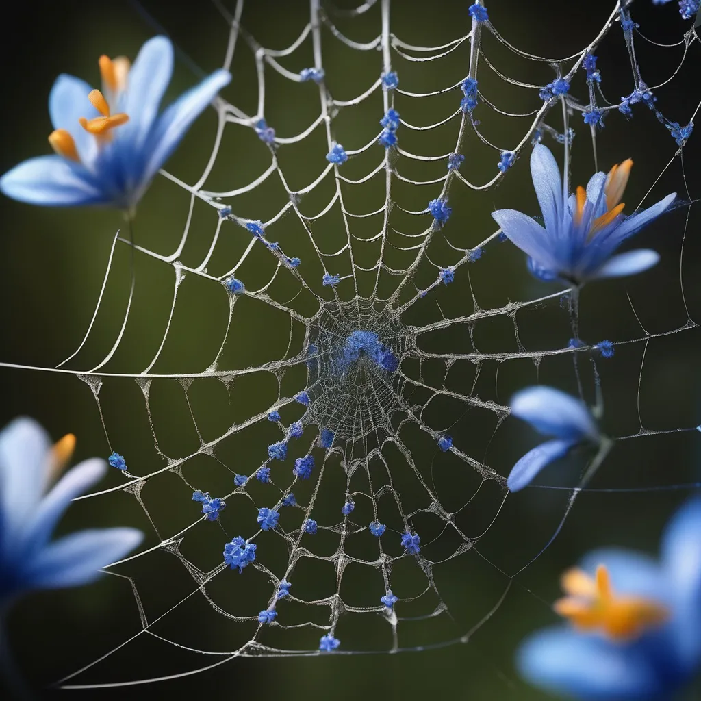Prompt: "A mesmerizing spider's web, intricately woven with small blue flowers, creating a stunning contrast against the dark background.", Miki Asai Macro photography, close-up, hyper detailed, trending on artstation, sharp focus, studio photo, intricate details, highly detailed, by greg rutkowski