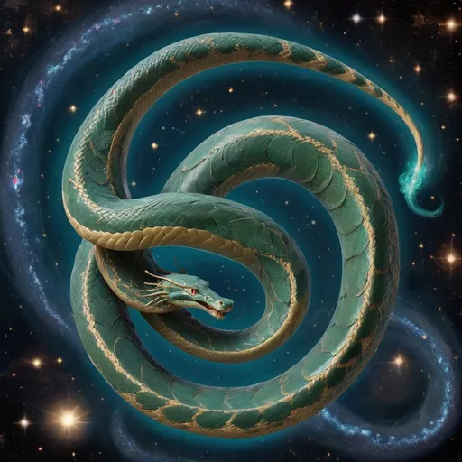 Prompt: Celestial Serpent

Description The Celestial Serpent is a serpentine being that weaves through the cosmos, leaving a trail of stardust in its wake. Its movements mimic the physics of space, creating a mesmerizing experience.