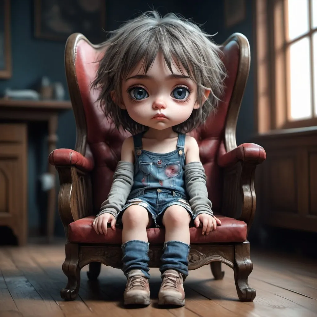 Prompt: A Beautiful adorable sad big chibi eyes 20 year old sitting in a chair Wearing only cut-off jeans, Breathtaking Fantasycore Artwork By Android Jones, Jean Baptiste Monge, Alberto Seveso, Erin Hanson, Jeremy Mann. Intricate Photography, A Masterpiece, 8k Resolution Artstation, Unreal Engine 5, Cgsociety, Octane Photograph