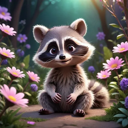 Prompt: Midnight szene: Create a heartwarming and adorable illustration of a cheeky tiny cute adorable baby racoon in a magical garden with soft pink and purple flowers, intricate details, volumetric lighting, sunbeams, 8k, uhd, hdr, sharp focus, portrait, pixar style character, anime style pokemon, 3d rendering, octane renderer, warm colors, watercolor style, masterpiece perfect for a storybook, the Image should capture the heart of the adult viewer